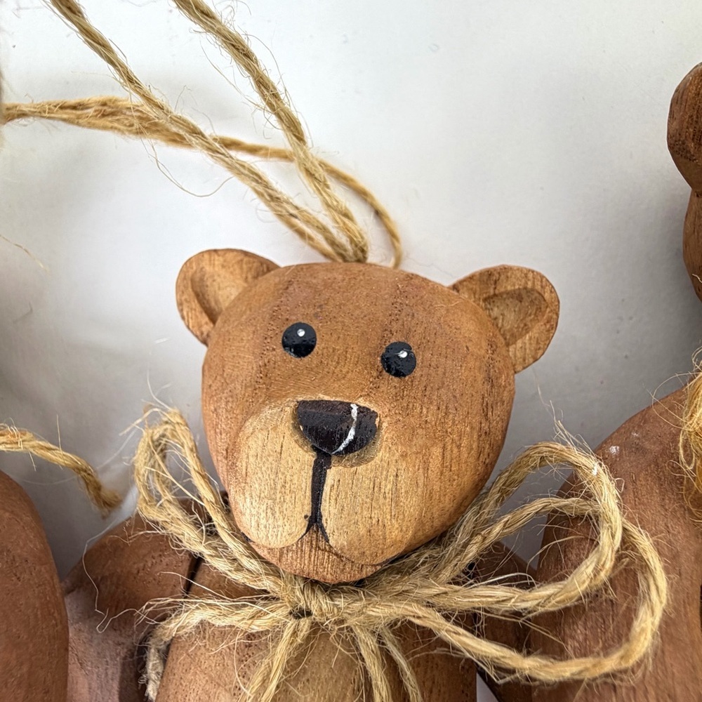 Rustic Wood Teddy Bear Ornaments Set 3 Farmhouse Cottage Decor - Picture 4 of 12